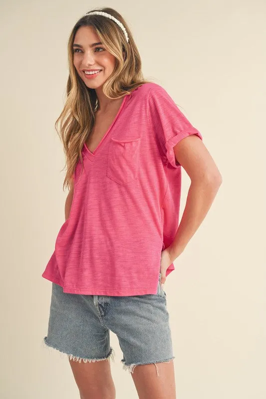 Aemi   Co Side Slit V-Neck Short Rolled Sleeve T-Shirt
