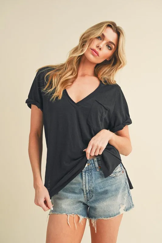 Aemi   Co Side Slit V-Neck Short Rolled Sleeve T-Shirt