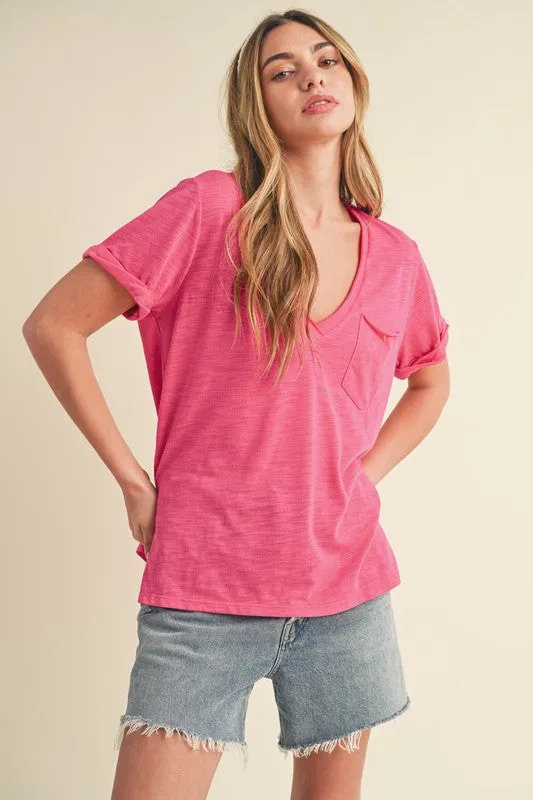 Aemi   Co Side Slit V-Neck Short Rolled Sleeve T-Shirt
