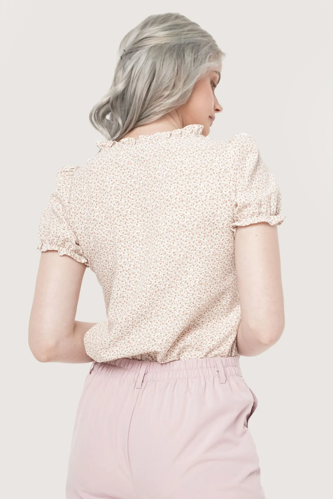 All Over Print Floral Ruched Ruffle Top