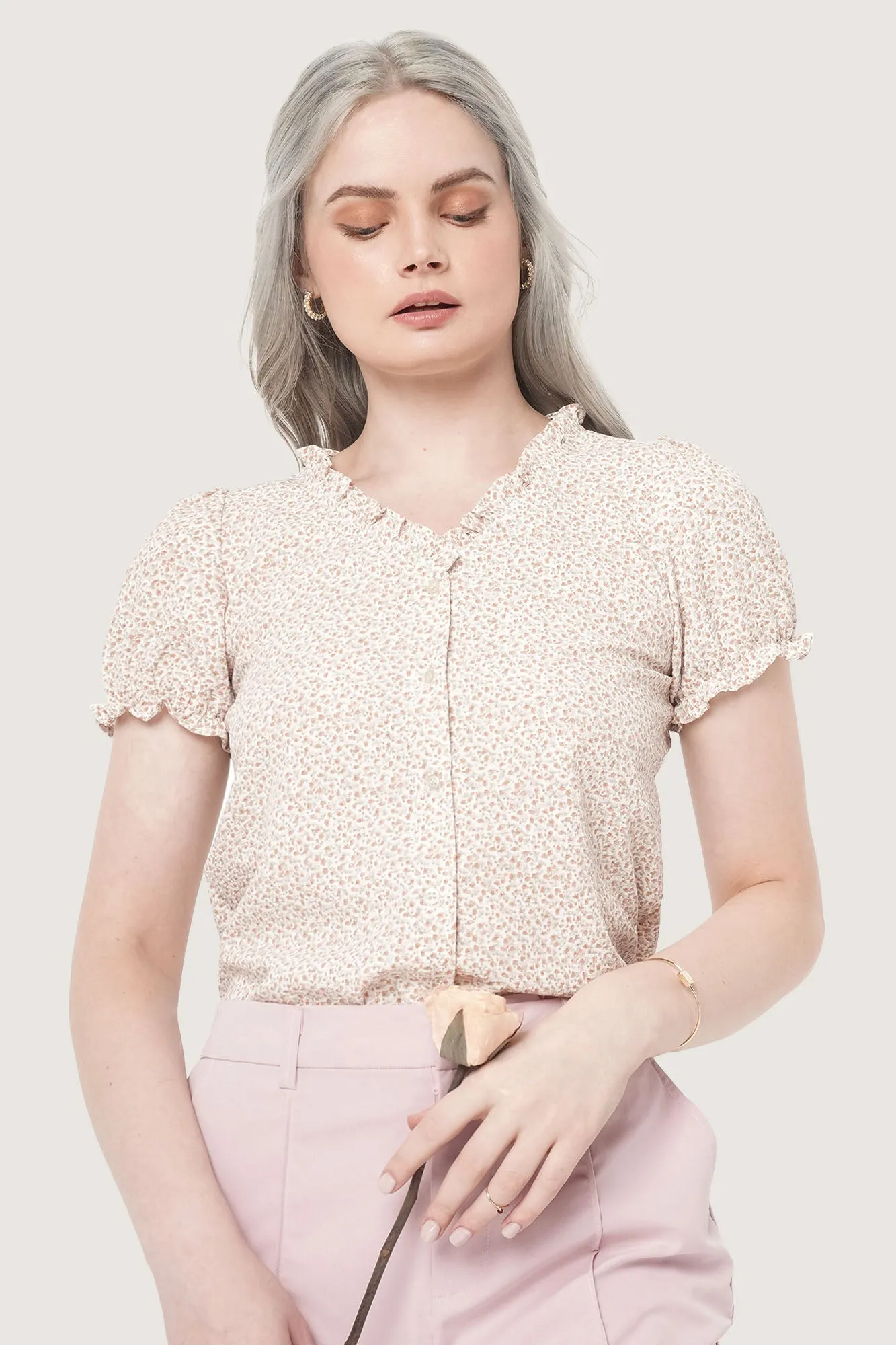 All Over Print Floral Ruched Ruffle Top