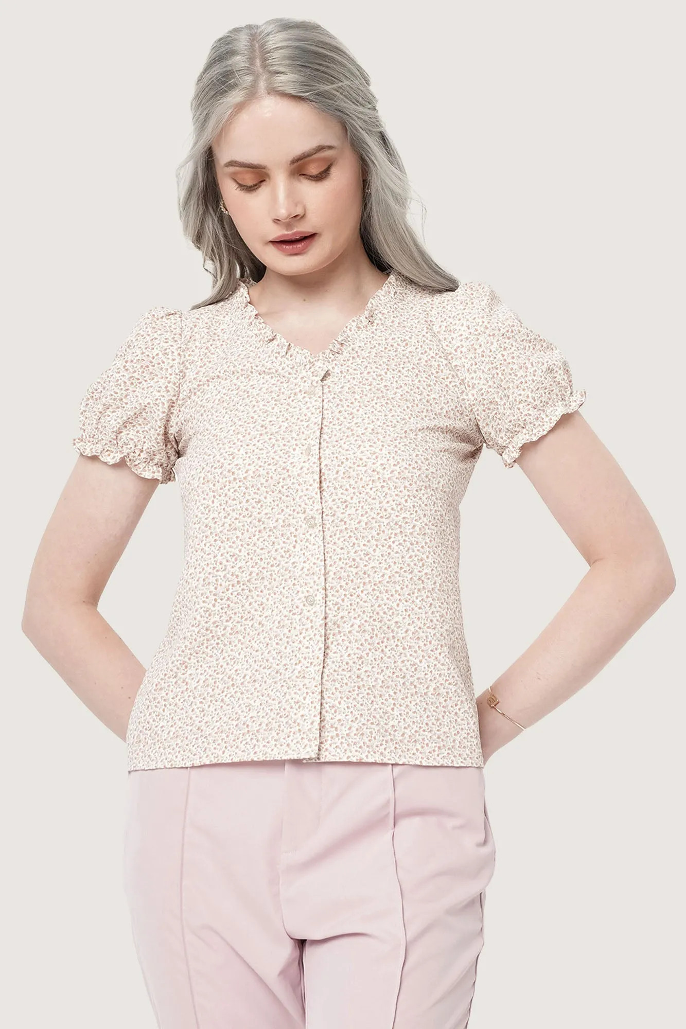 All Over Print Floral Ruched Ruffle Top