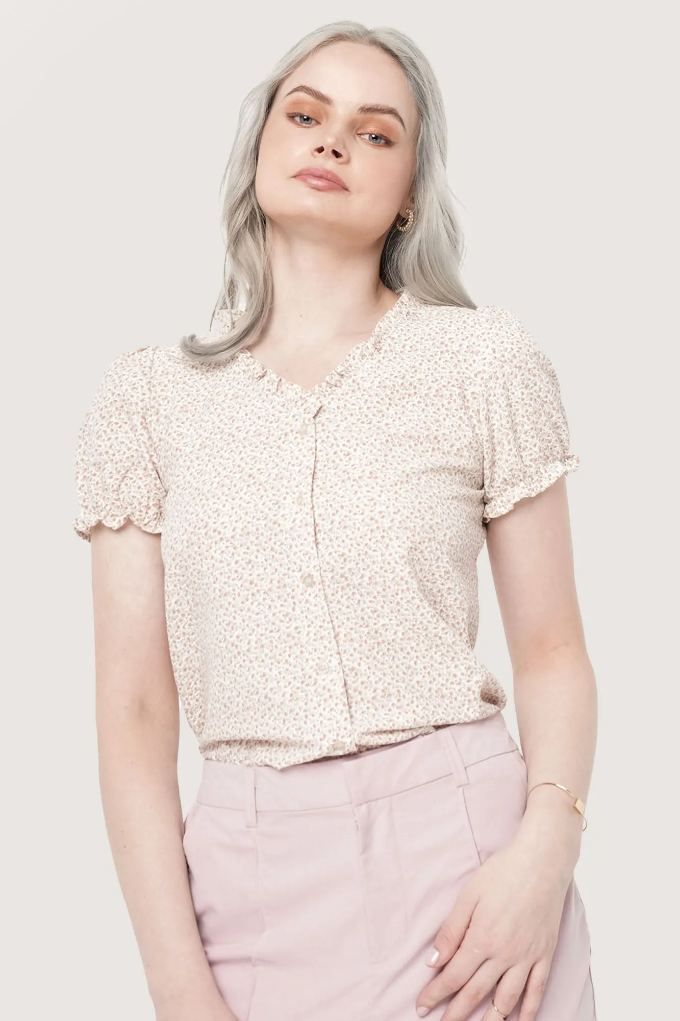 All Over Print Floral Ruched Ruffle Top