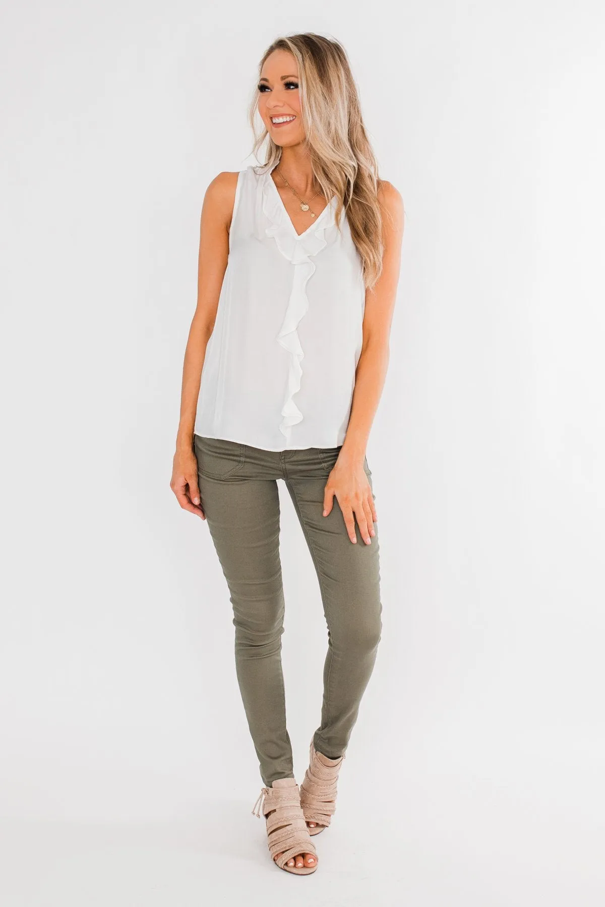 Always Had A Feeling Ruffled Tank Top- White
