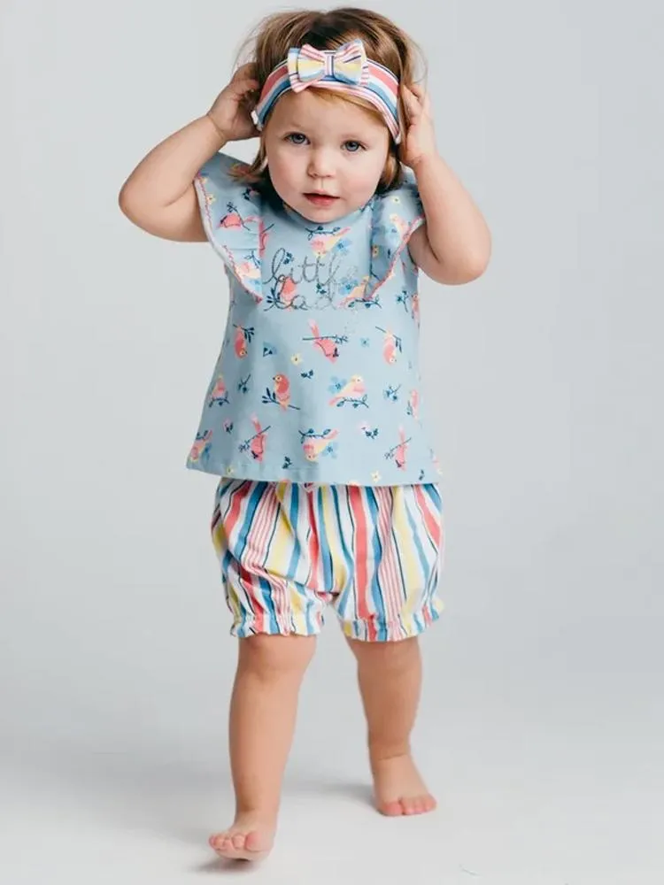 Artie - Baby & Girls Floral Birds Top, Stripy Shorts and Headband 3 Piece Set - Little Lady