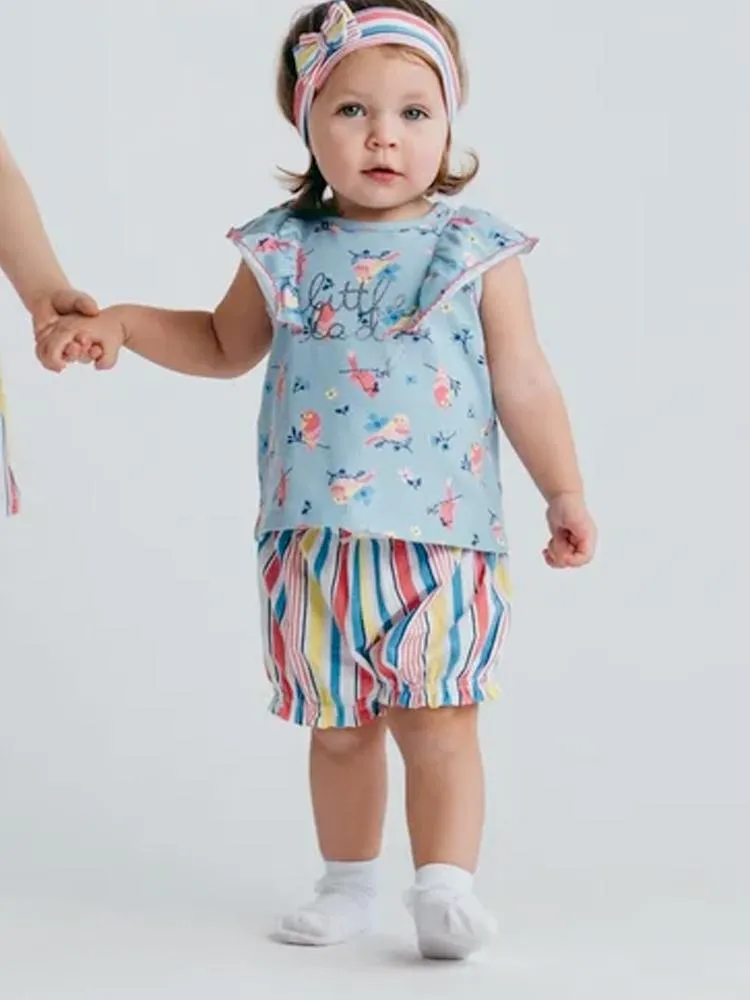 Artie - Baby & Girls Floral Birds Top, Stripy Shorts and Headband 3 Piece Set - Little Lady