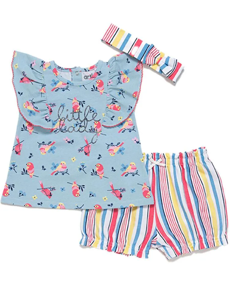Artie - Baby & Girls Floral Birds Top, Stripy Shorts and Headband 3 Piece Set - Little Lady