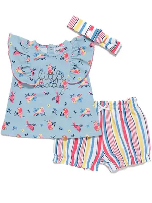 Artie - Baby & Girls Floral Birds Top, Stripy Shorts and Headband 3 Piece Set - Little Lady