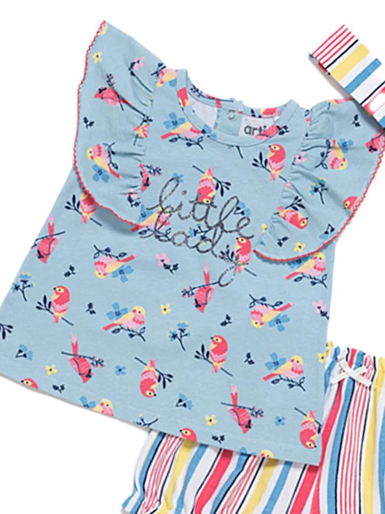 Artie - Baby & Girls Floral Birds Top, Stripy Shorts and Headband 3 Piece Set - Little Lady