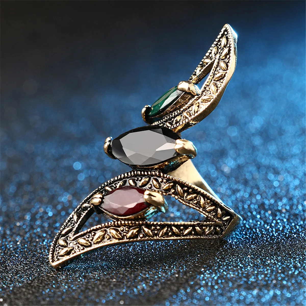 Black Crystal & 18K Gold-Plated Pear-Cut Ring