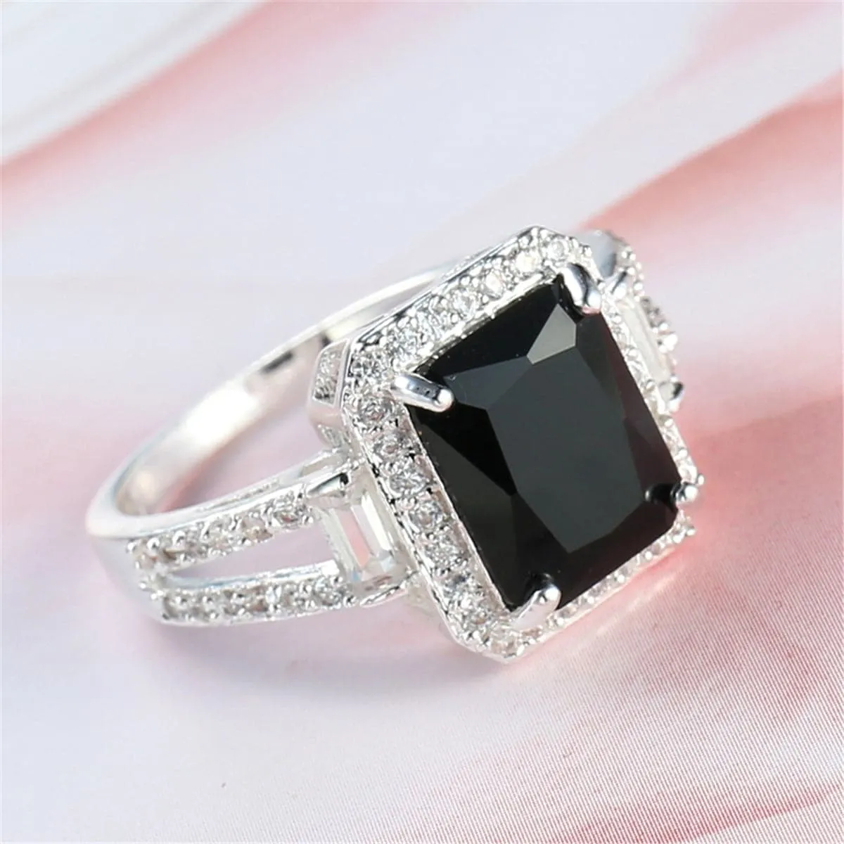 Black Crystal & Cubic Zirconia Halo Baguette Ring