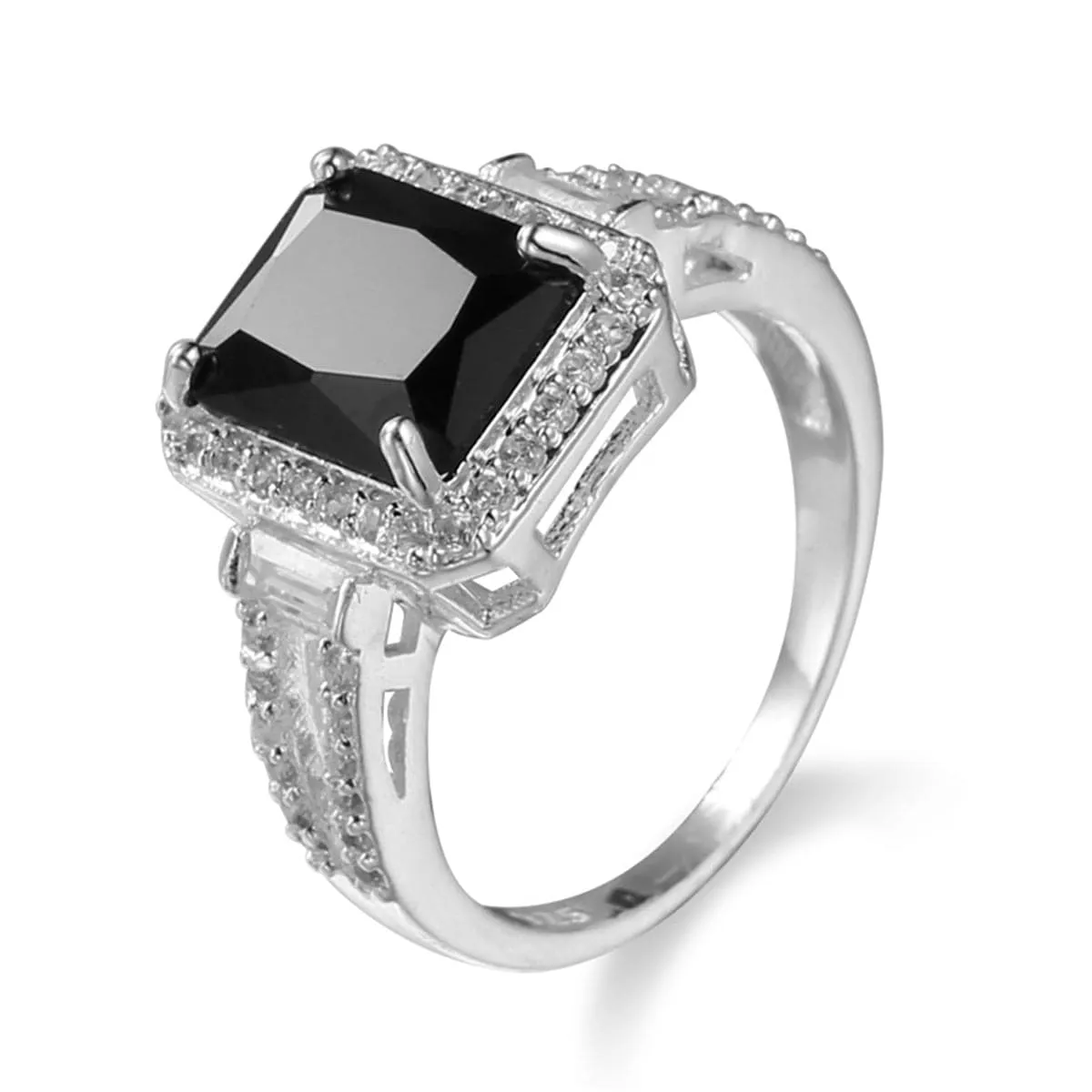 Black Crystal & Cubic Zirconia Halo Baguette Ring