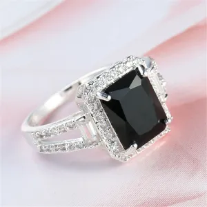 Black Crystal & Cubic Zirconia Halo Baguette Ring
