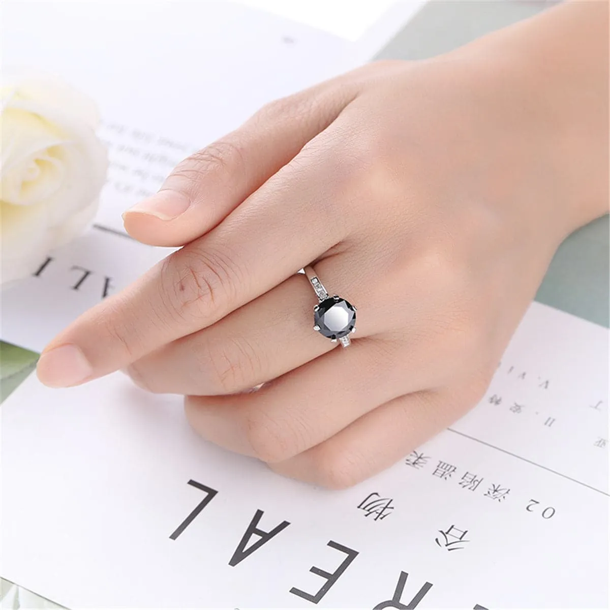 Black Cubic Zirconia & Silver-Plated Cocktail Ring