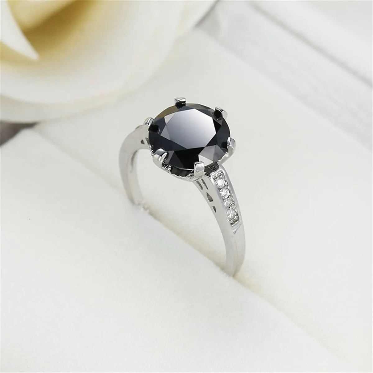 Black Cubic Zirconia & Silver-Plated Cocktail Ring