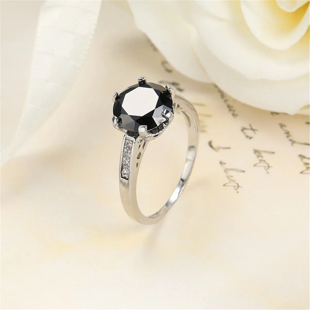 Black Cubic Zirconia & Silver-Plated Cocktail Ring