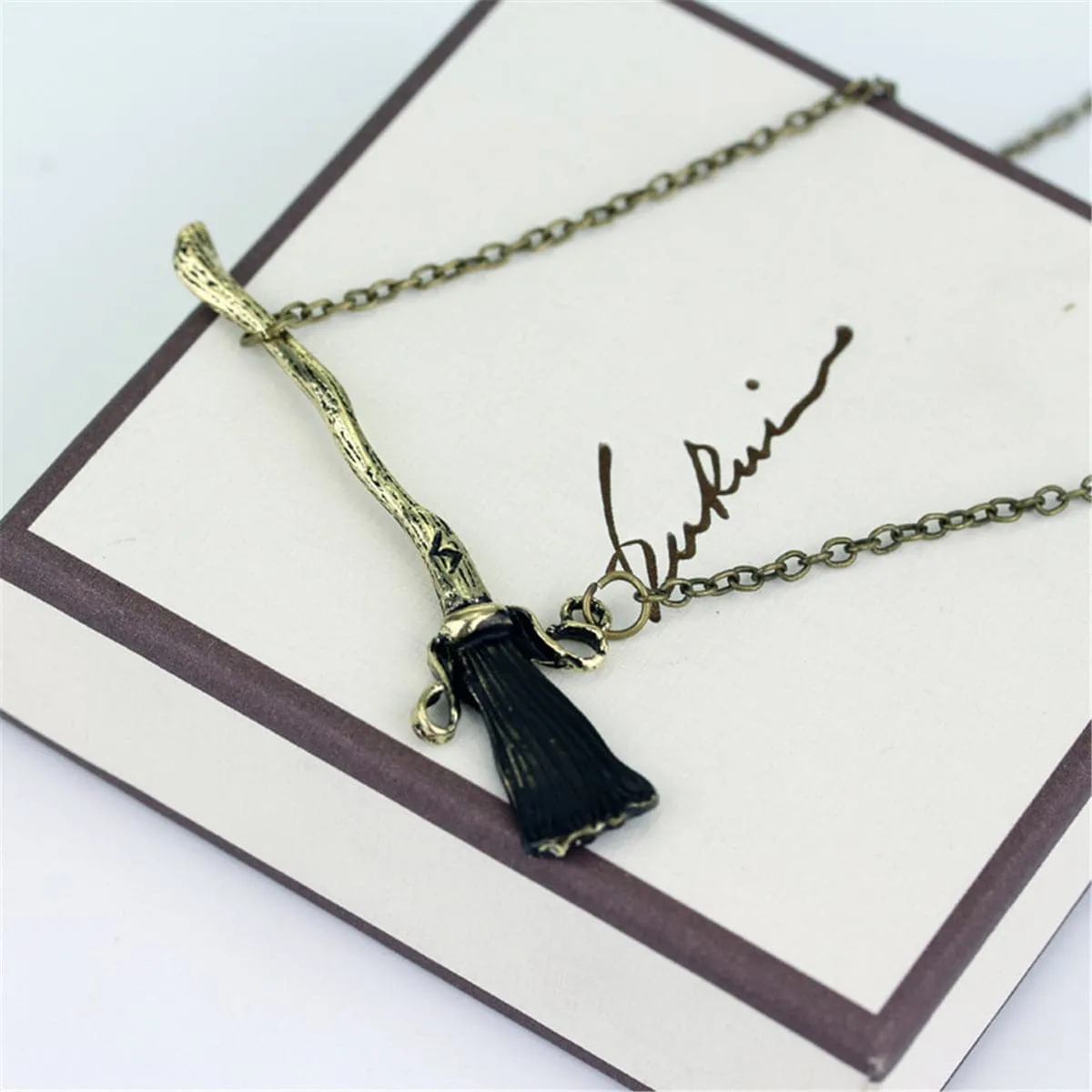 Black Enamel & 18K Gold-Plated Broom Pendant Necklace