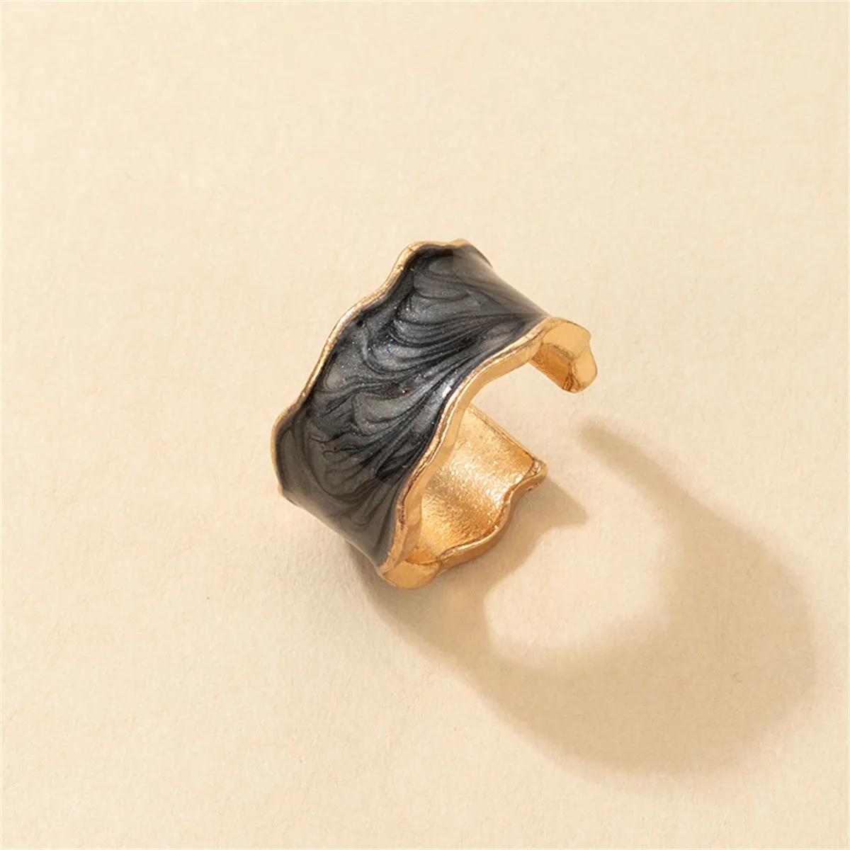 Black Enamel & 18K Gold-Plated Uneven-Edge Open-Band Ring