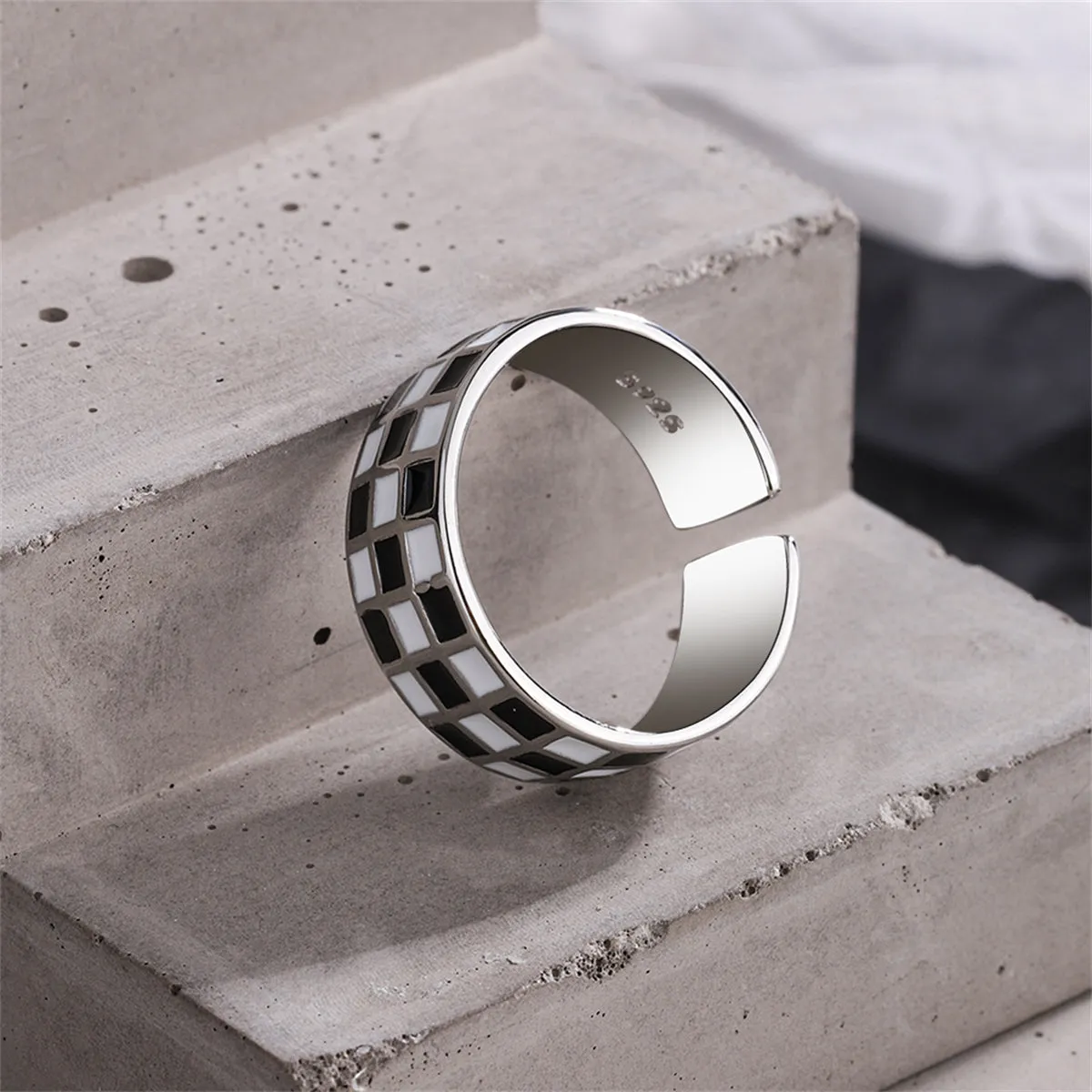 Black Enamel & Silver-Plated Checkerboard Open Band