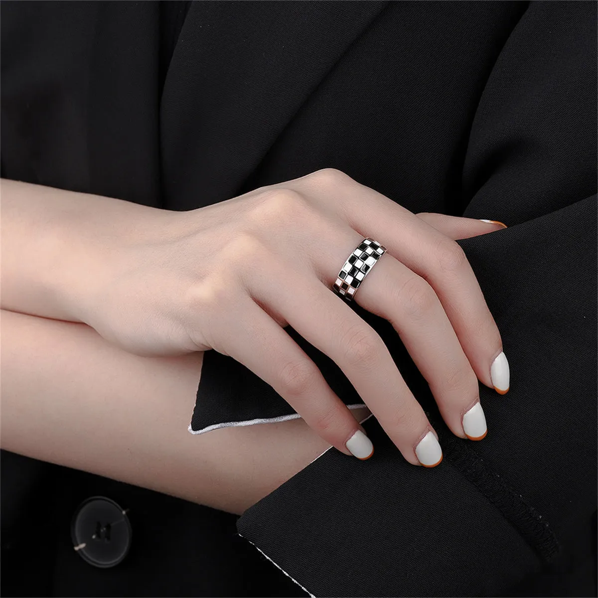 Black Enamel & Silver-Plated Checkerboard Open Band