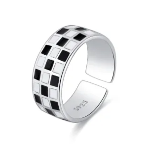 Black Enamel & Silver-Plated Checkerboard Open Band