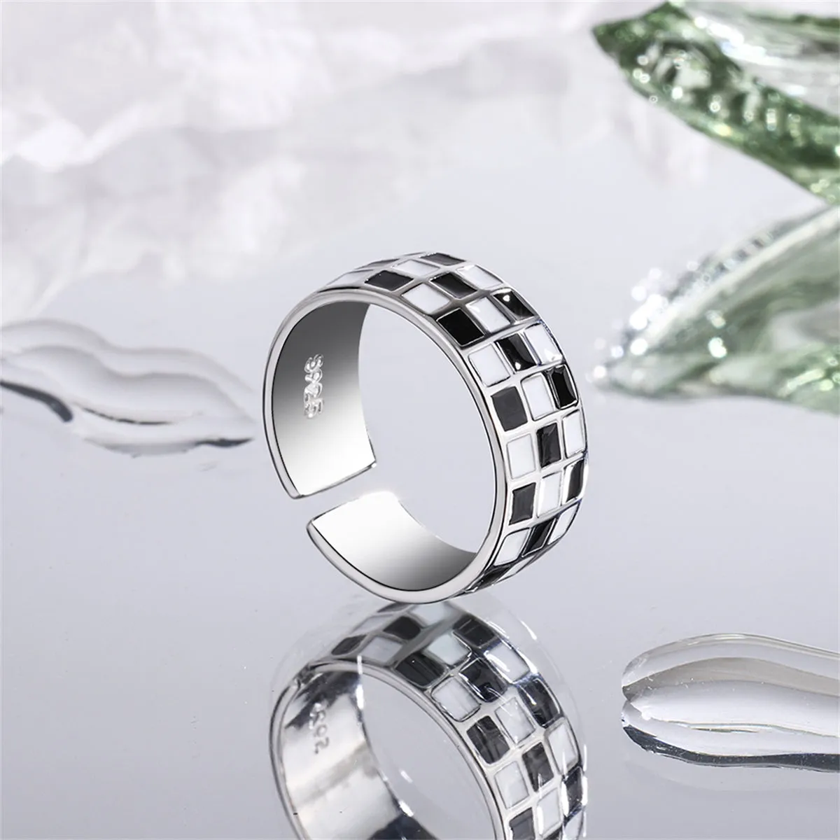 Black Enamel & Silver-Plated Checkerboard Open Band