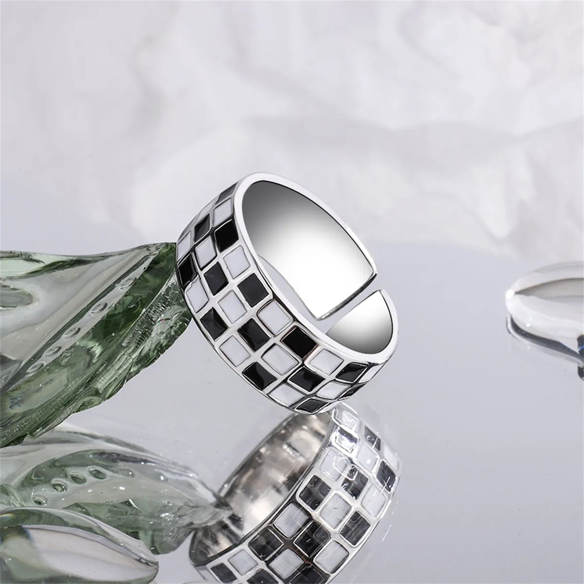 Black Enamel & Silver-Plated Checkerboard Open Band