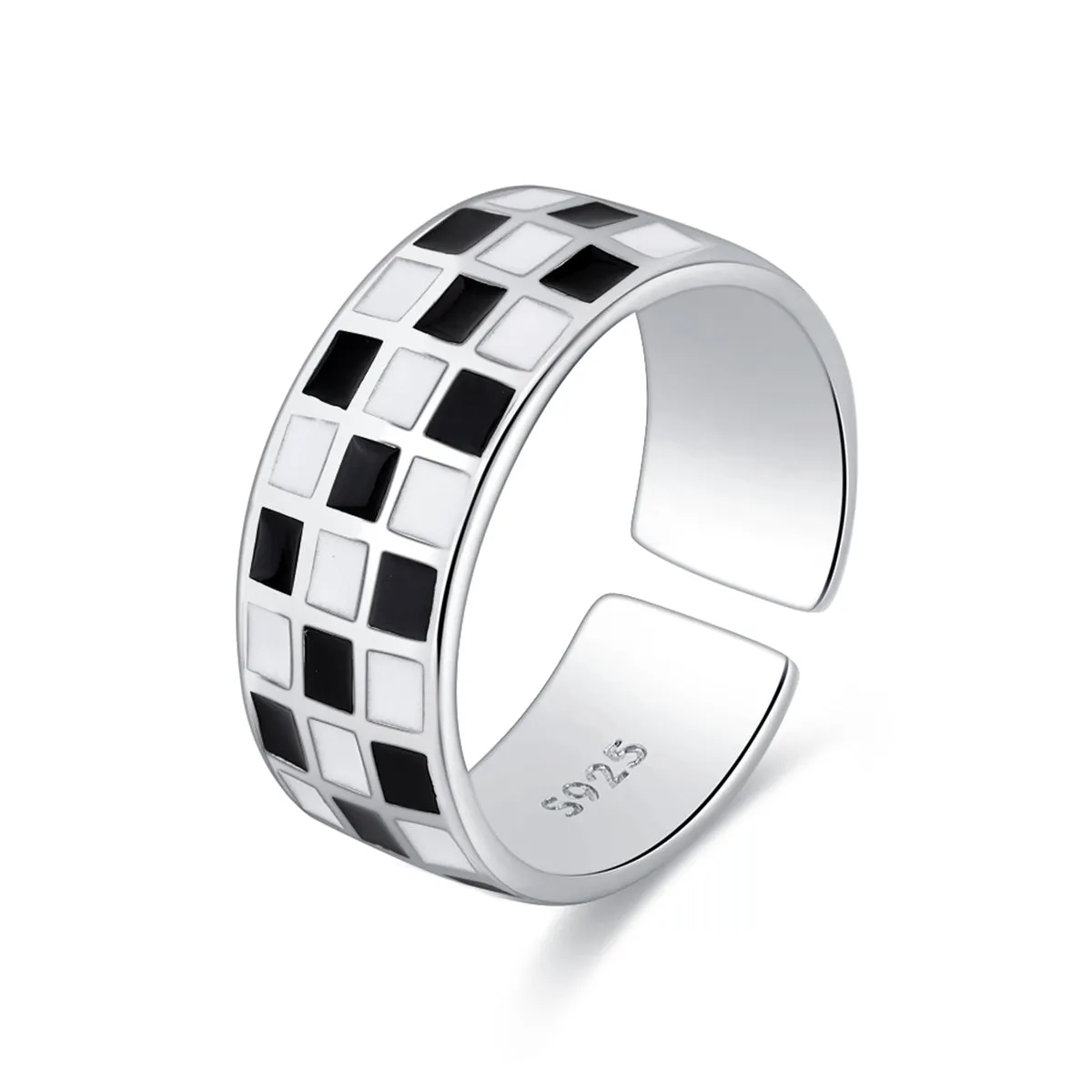 Black Enamel & Silver-Plated Checkerboard Open Band