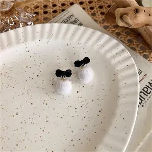 Black Enamel & White Pom-Pom Bow Drop Earrings