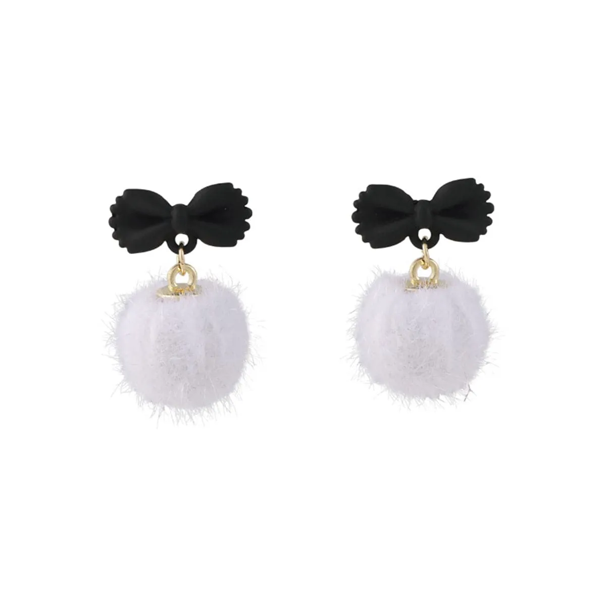 Black Enamel & White Pom-Pom Bow Drop Earrings