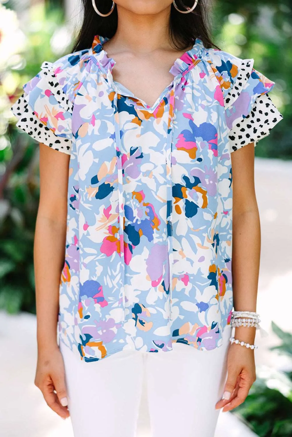 Black Floral Print Ruffle Flutter Sleeve Tied V Neck Blouse