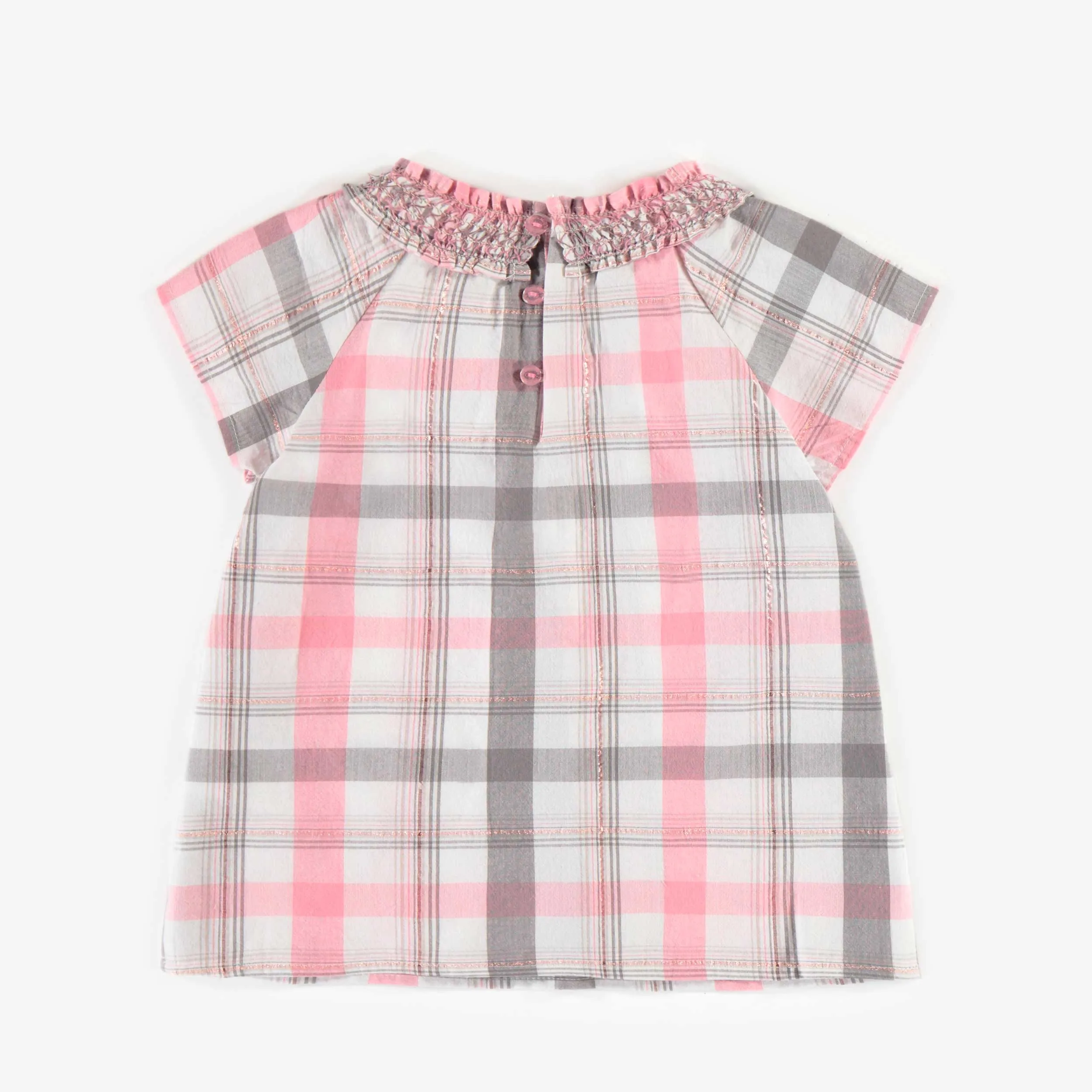 Blouse tunique rose à carreaux en coton gaufré, bébé || Plaid pink tunic blouse in seersucker cotton, baby