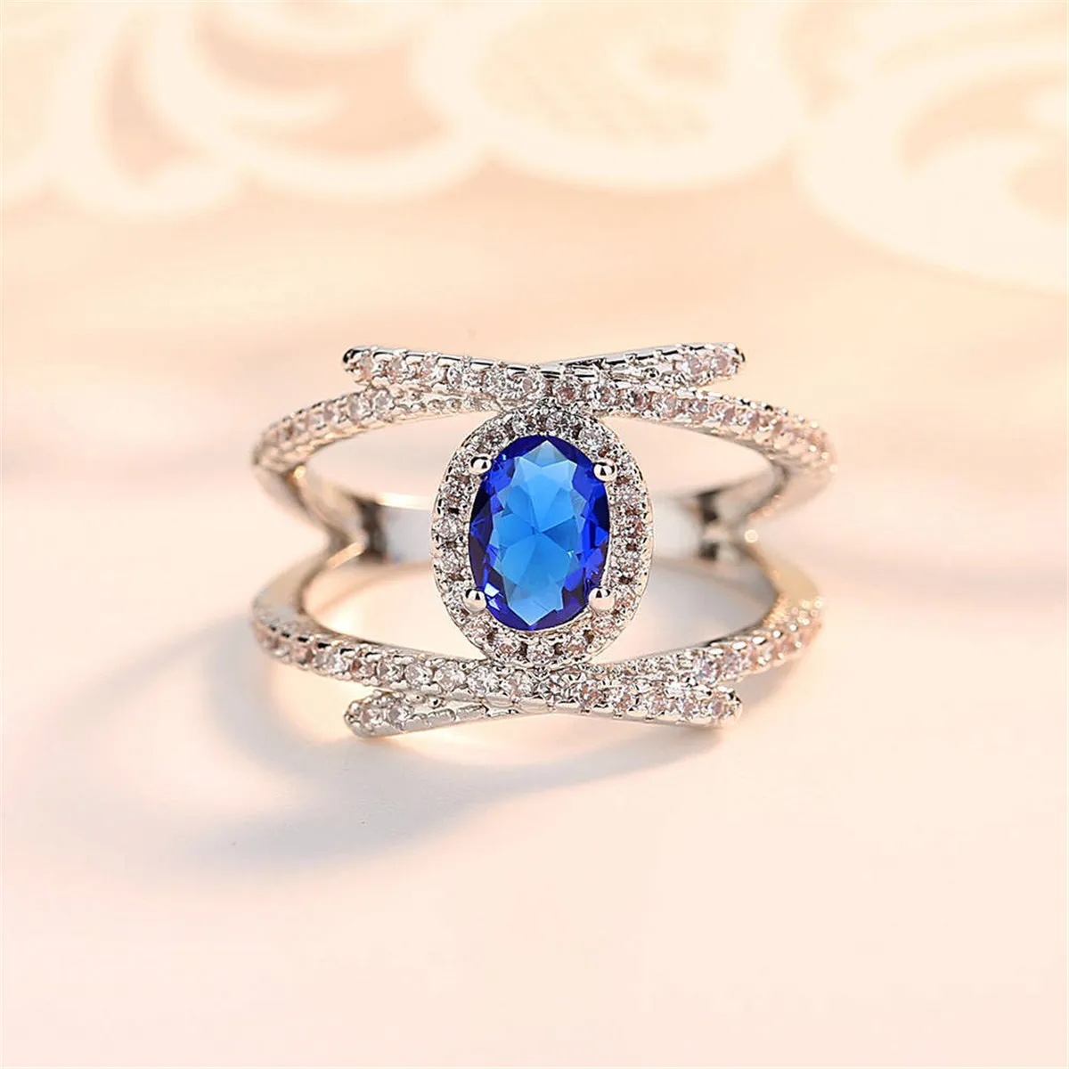 Blue Crystal & Cubic Zirconia Oval-Cut Tension-Set Ring