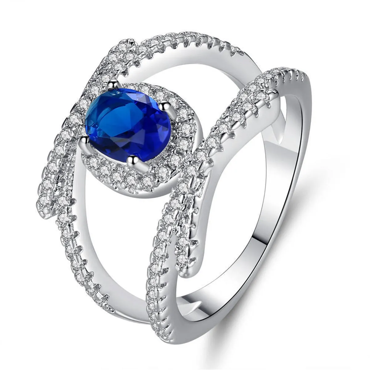 Blue Crystal & Cubic Zirconia Oval-Cut Tension-Set Ring