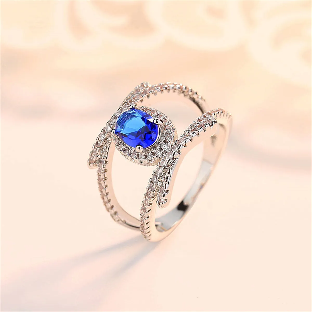 Blue Crystal & Cubic Zirconia Oval-Cut Tension-Set Ring