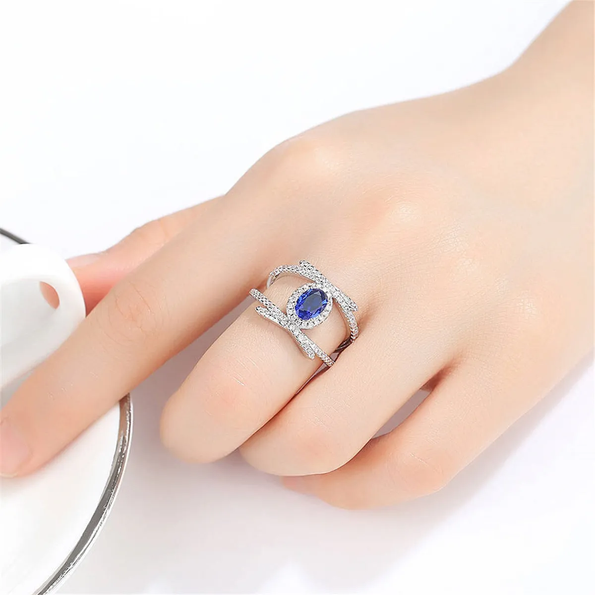 Blue Crystal & Cubic Zirconia Oval-Cut Tension-Set Ring