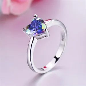 Blue Crystal & Silver-Plated Heart Ring