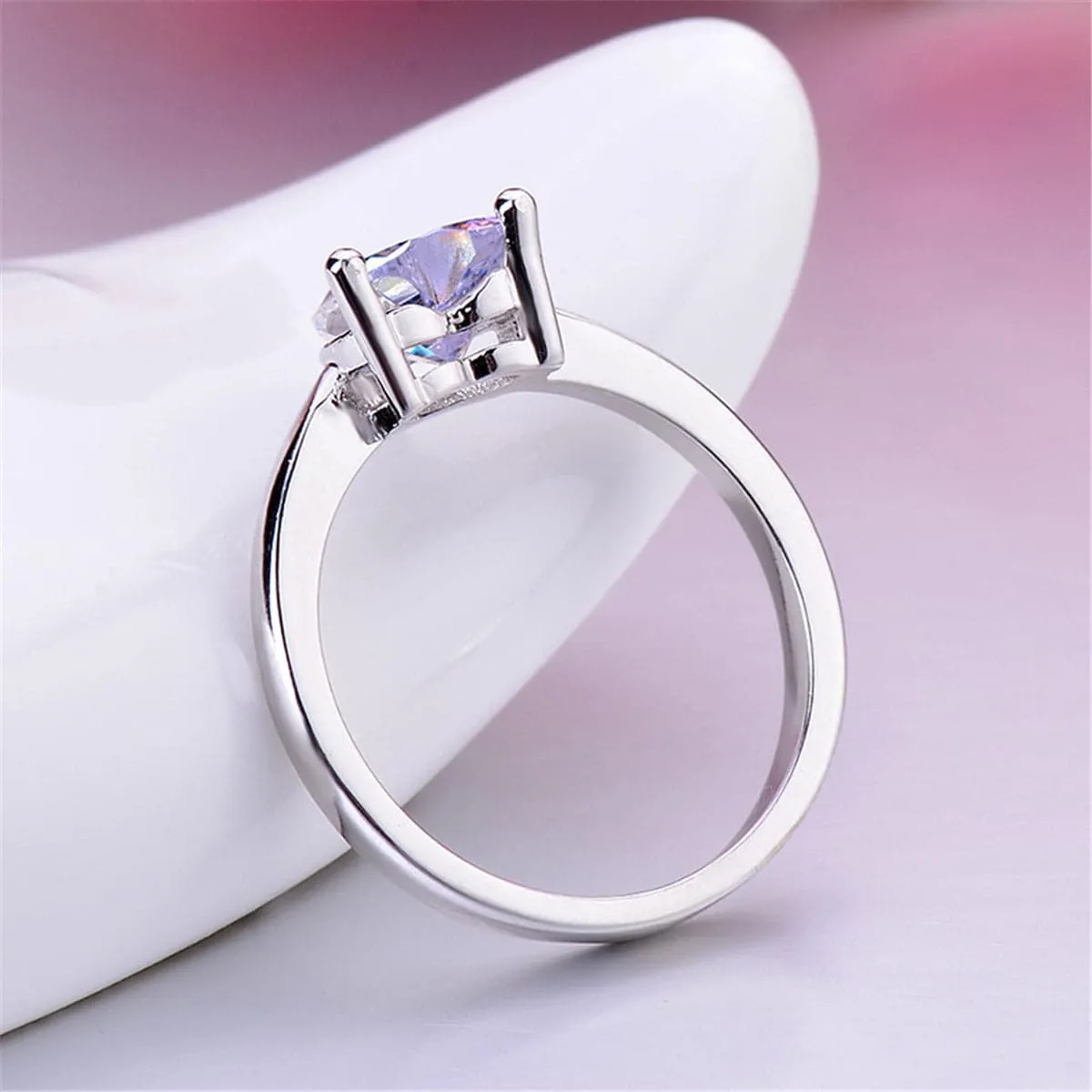 Blue Crystal & Silver-Plated Heart Ring