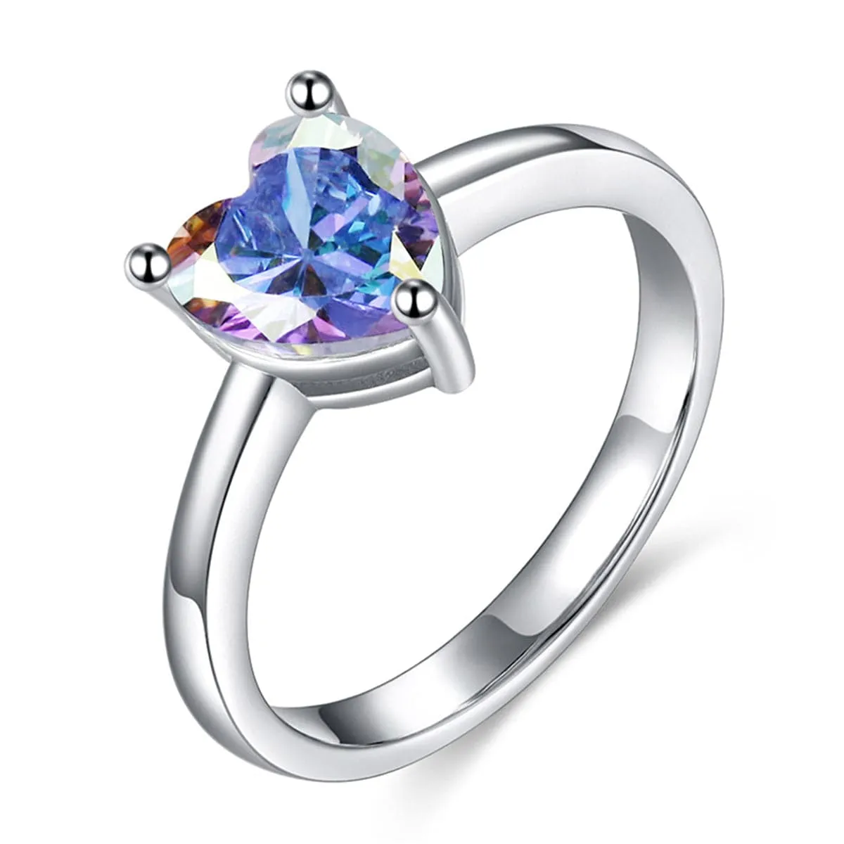 Blue Crystal & Silver-Plated Heart Ring