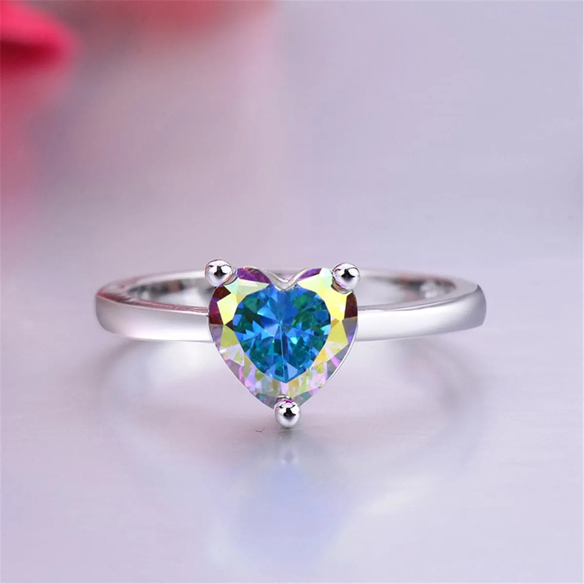 Blue Crystal & Silver-Plated Heart Ring
