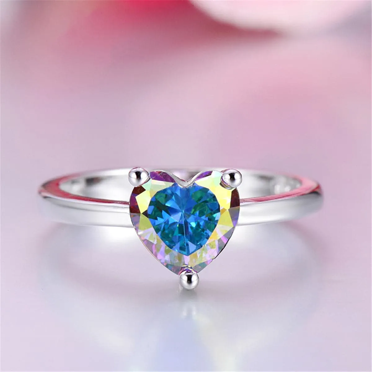 Blue Crystal & Silver-Plated Heart Ring