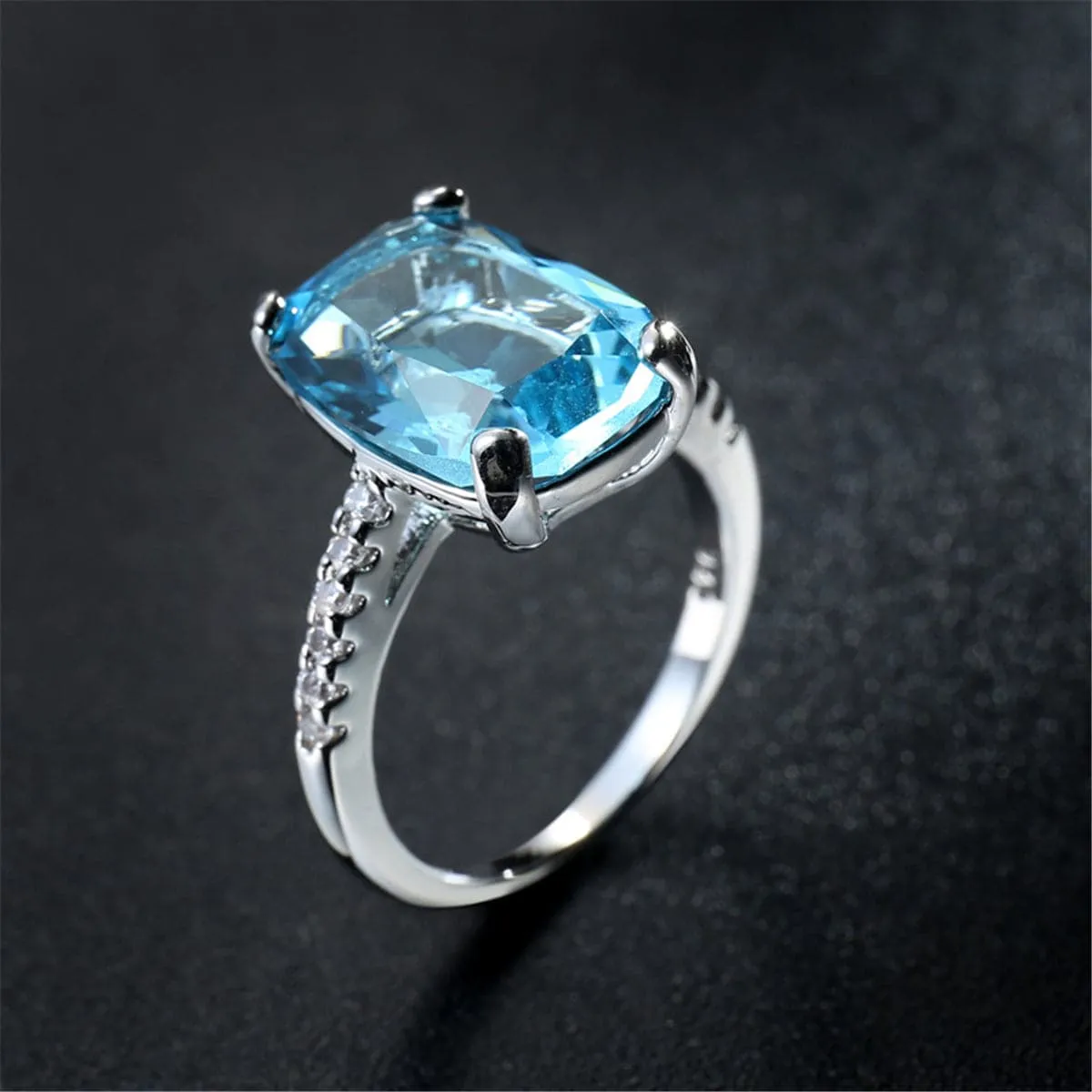 Blue Crystal & Silver-Plated Radiant-Cut Ring