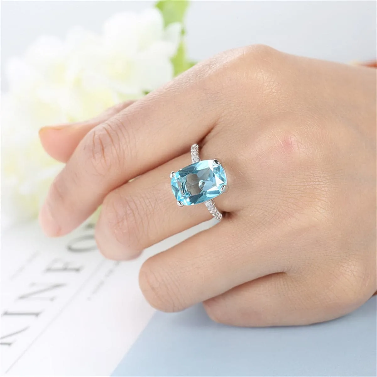 Blue Crystal & Silver-Plated Radiant-Cut Ring