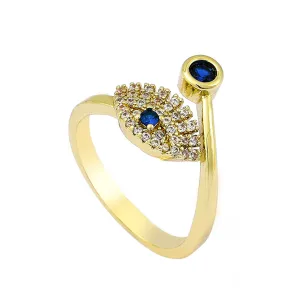 Blue Cubic Zirconia & 18K Gold-Plated Eye Bypass Ring