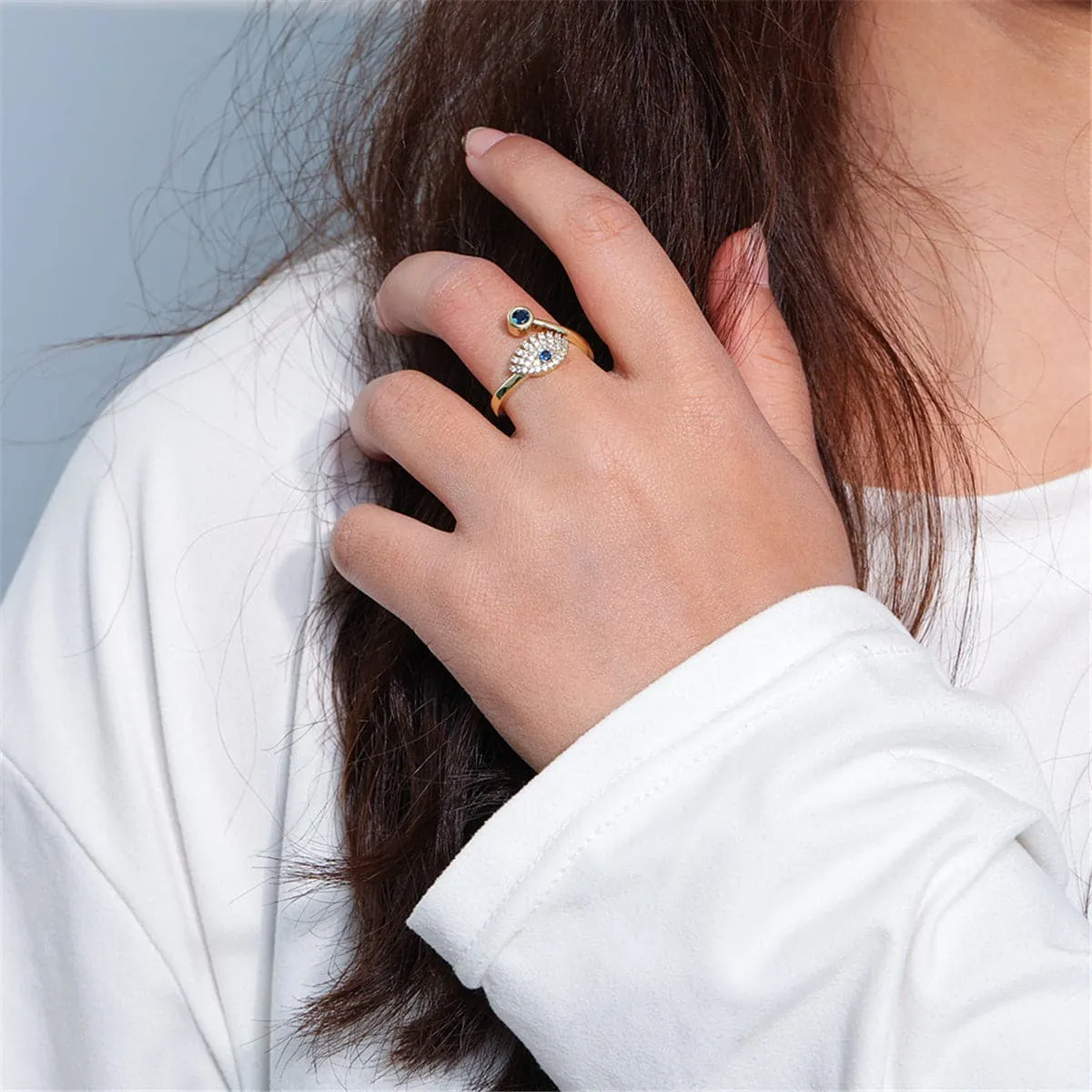 Blue Cubic Zirconia & 18K Gold-Plated Eye Bypass Ring