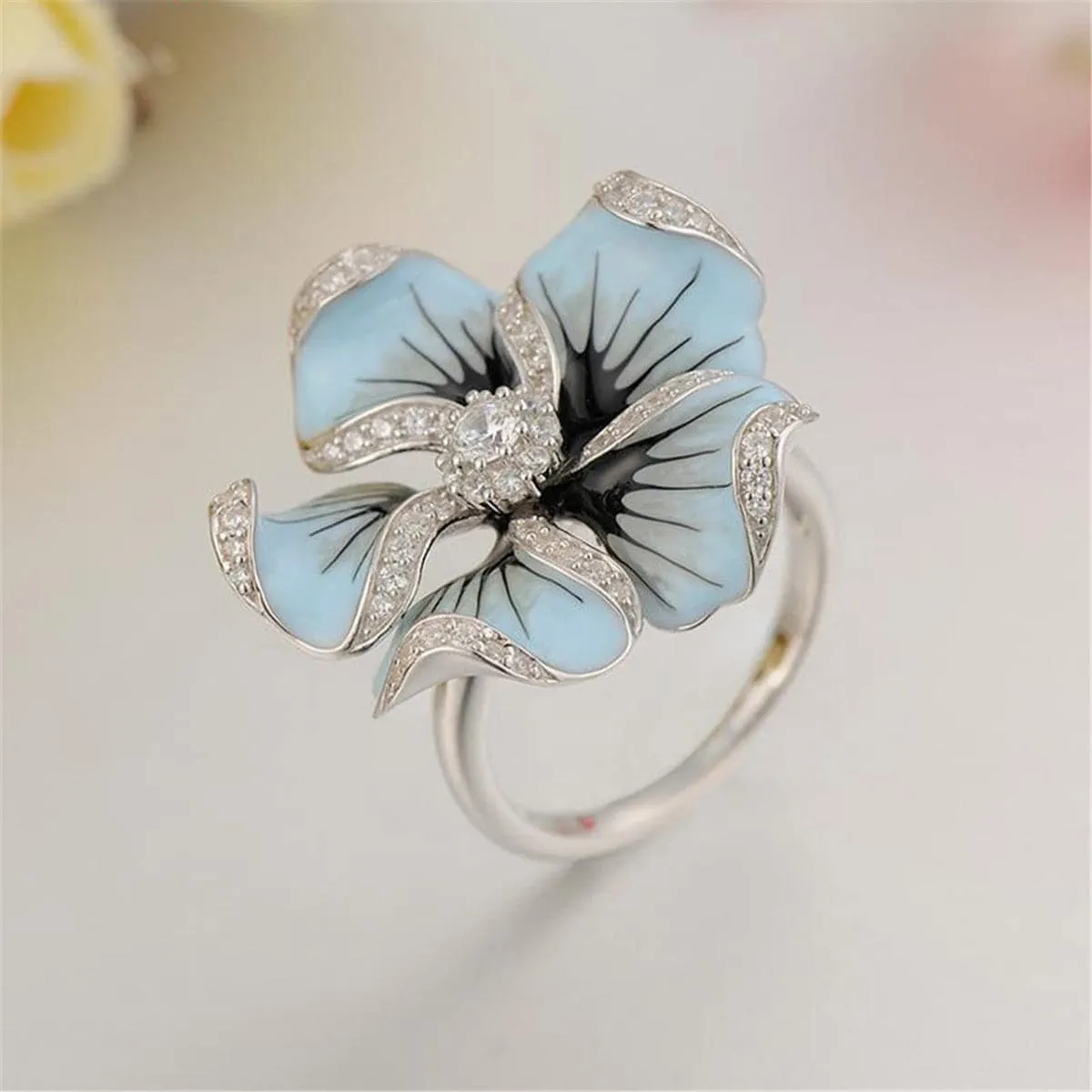 Blue Cubic Zirconia & Silver-Plated Flower Ring