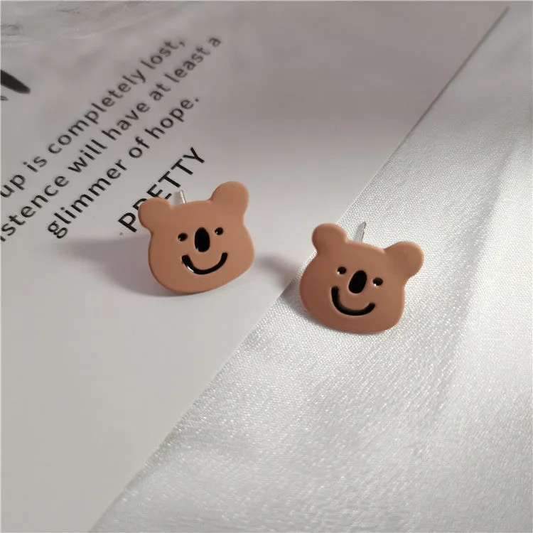 Brown Enamel & Silver-Plated Bear Stud Earrings