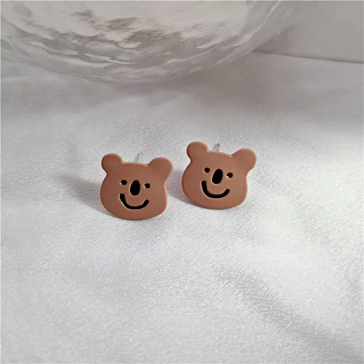 Brown Enamel & Silver-Plated Bear Stud Earrings