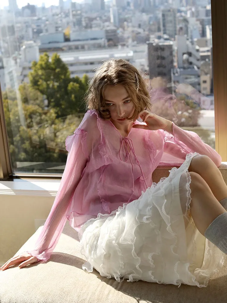Bubblegum Whisper Sheer Silk Blouse