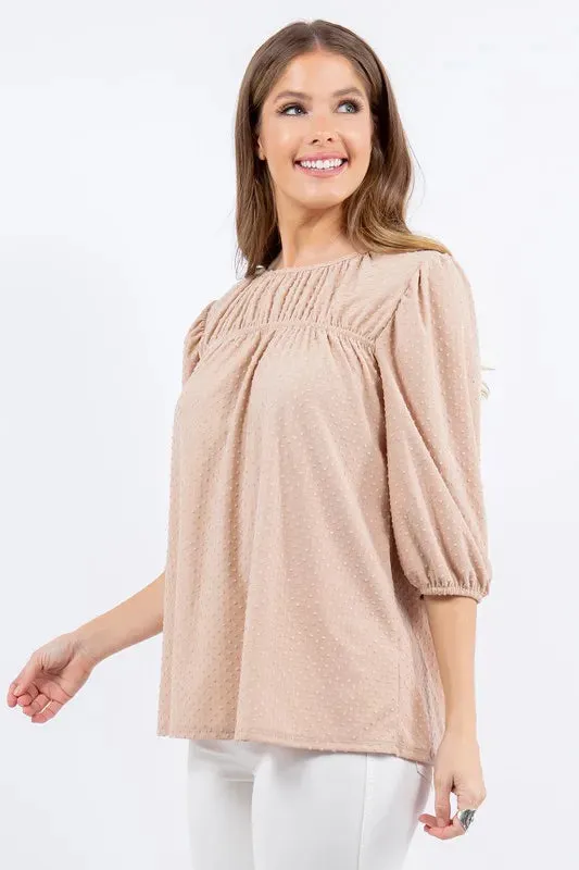 Celeste Full Size Puff Sleeve and Bow Detail Top Plus Size